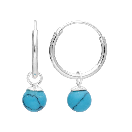 Boucles d'oreilles créoles en argent sterling avec breloques en fausse turquoise de 11 mm