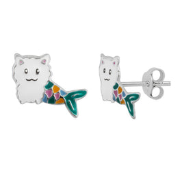 Boucles d'oreilles à tige en argent sterling avec queue de sirène et émail arc-en-ciel