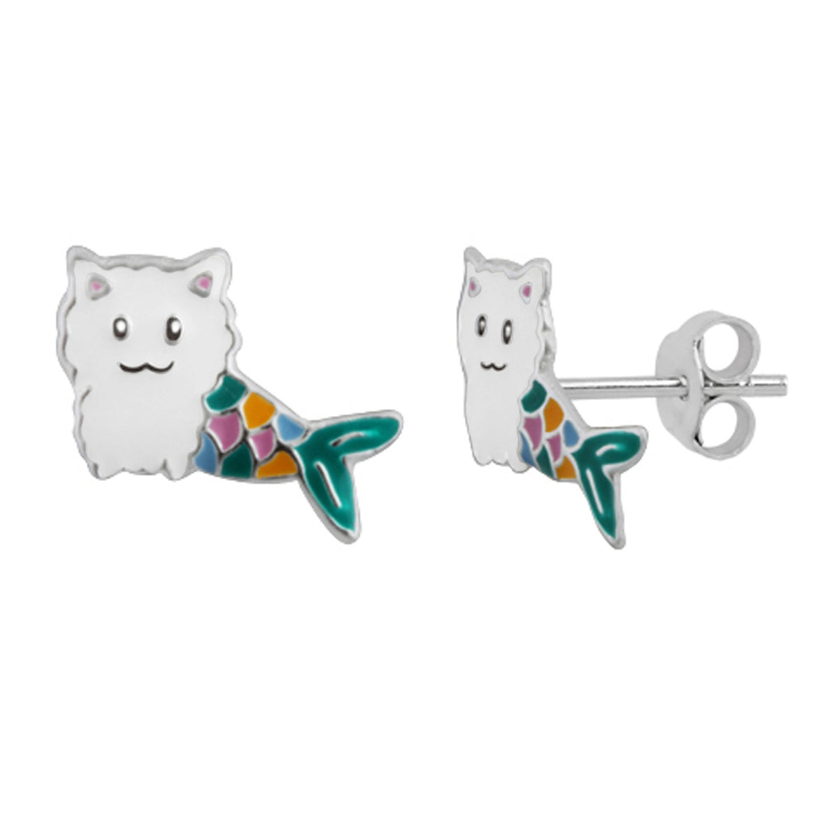 Boucles d'oreilles à tige en argent sterling avec queue de sirène et émail arc-en-ciel