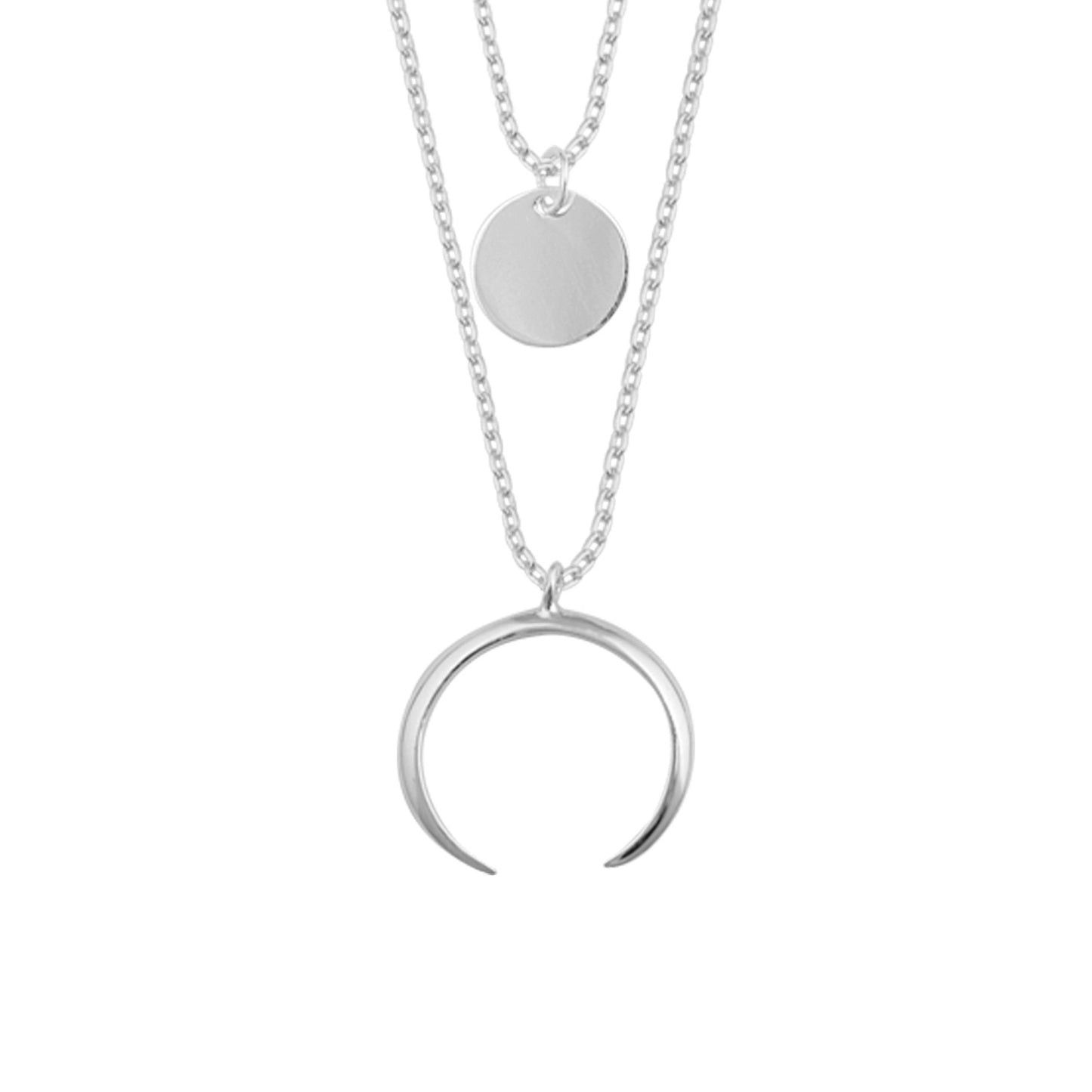 Collier avec pendentif croissant de corne à disque rond multicouche en argent sterling