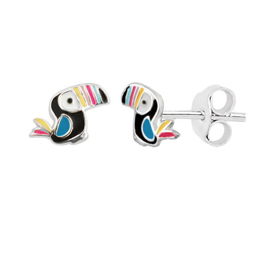 Boucles d'oreilles à tige en argent sterling, motif toucan coloré, arc-en-ciel et émail