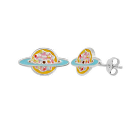 Boucles d'oreilles à tige en argent sterling et émail couleur arc-en-ciel, planète Saturne
