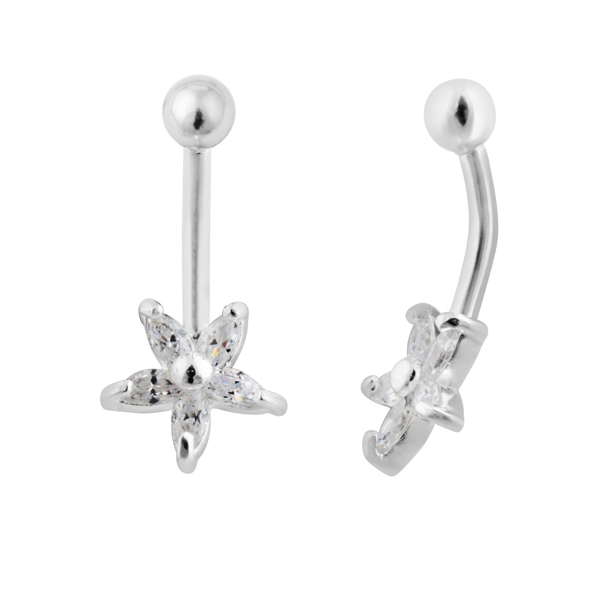 Piercing de nombril en argent sterling et cristal CZ en forme de fleur