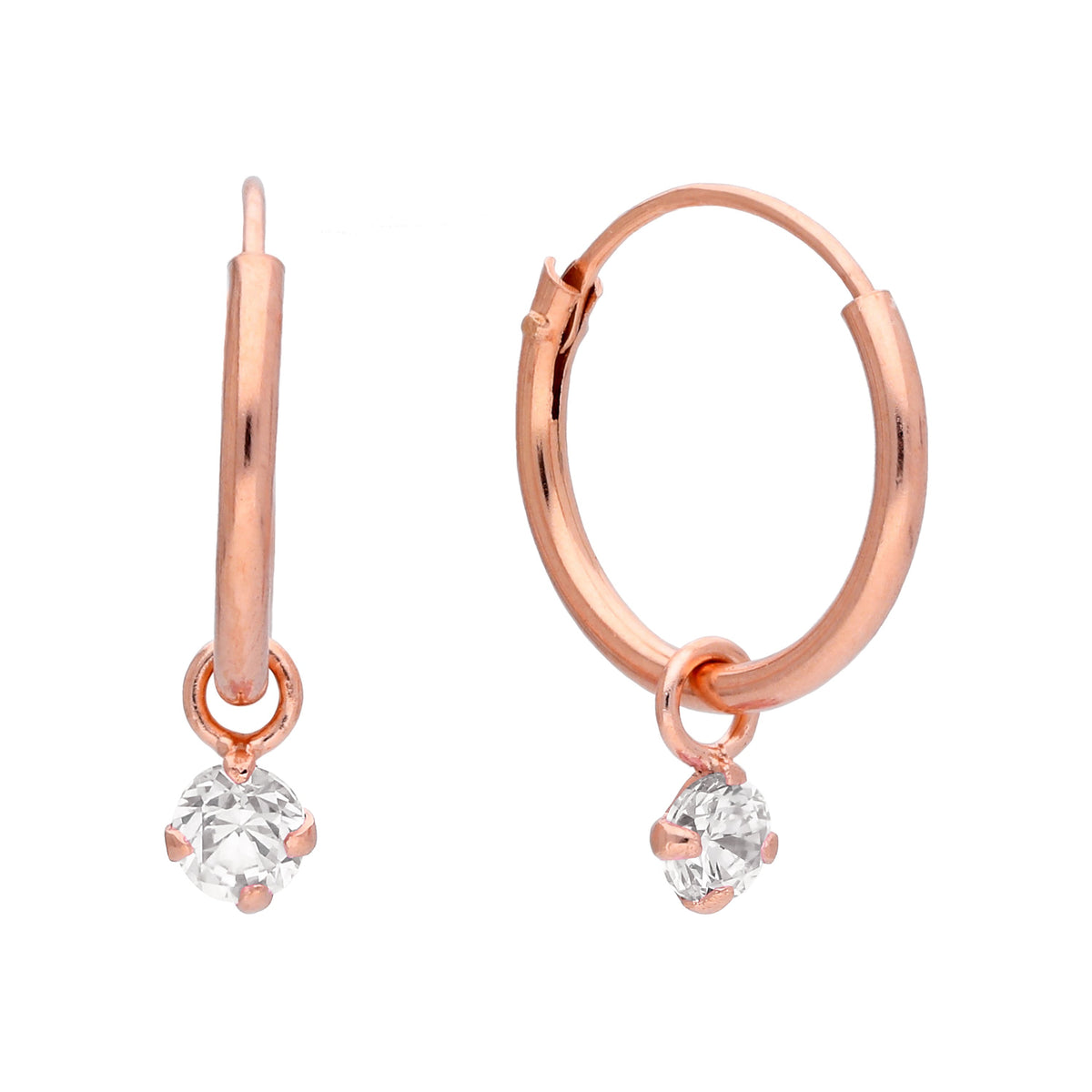 Boucles d'oreilles créoles en argent sterling plaqué or rose et cristal CZ 3 mm