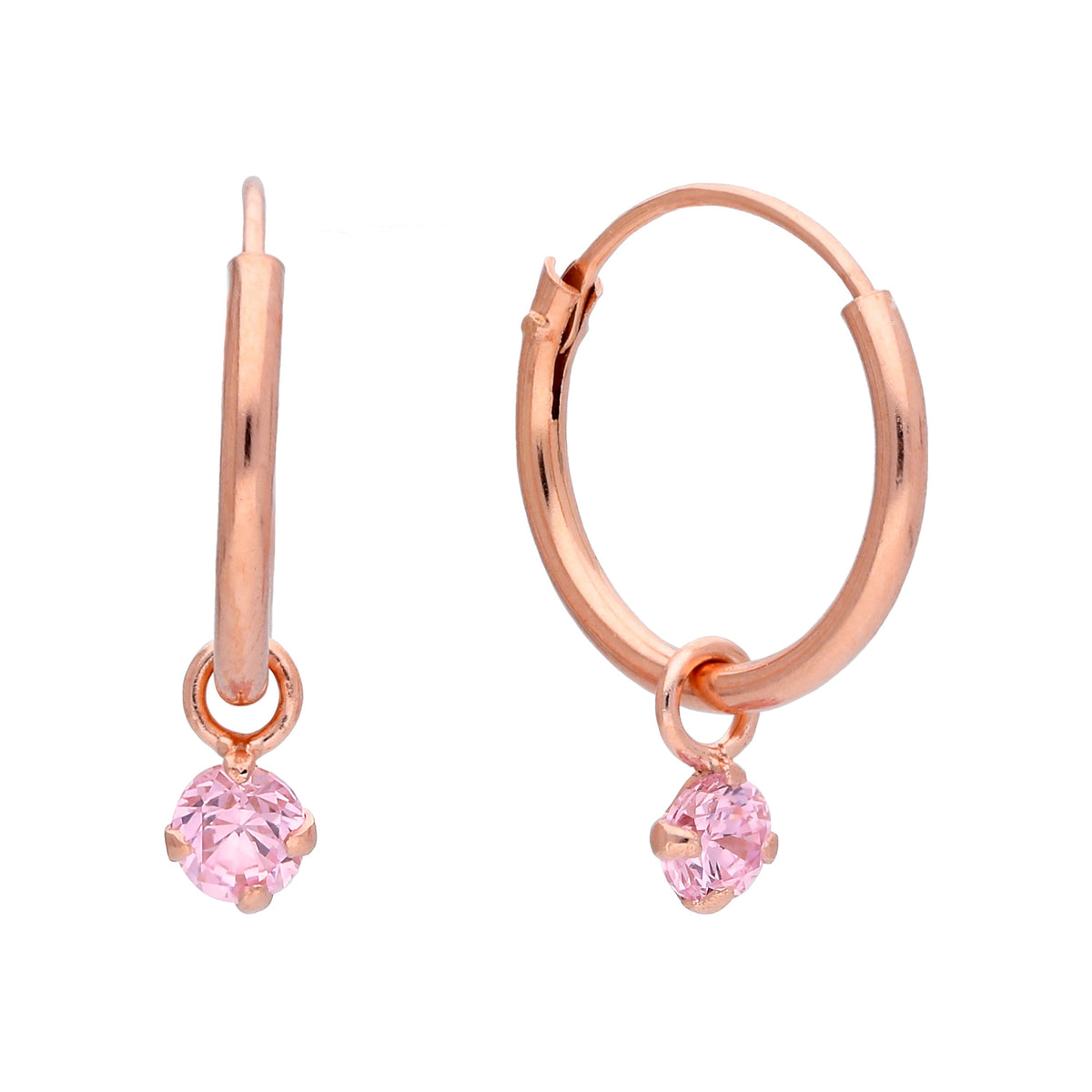 Boucles d'oreilles créoles en argent sterling plaqué or rose et cristal CZ rose de 3 mm