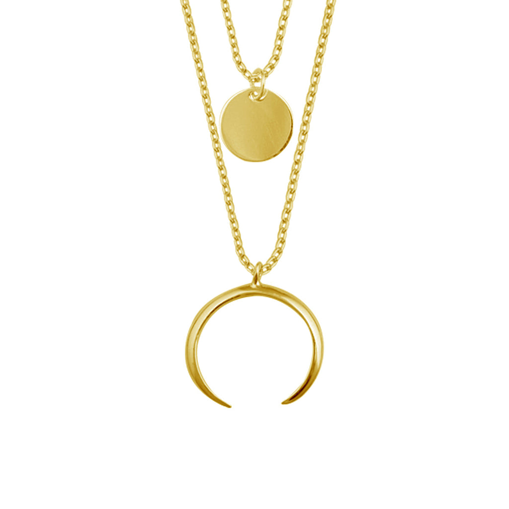 Collier avec pendentif croissant de lune en argent sterling plaqué or et double couche