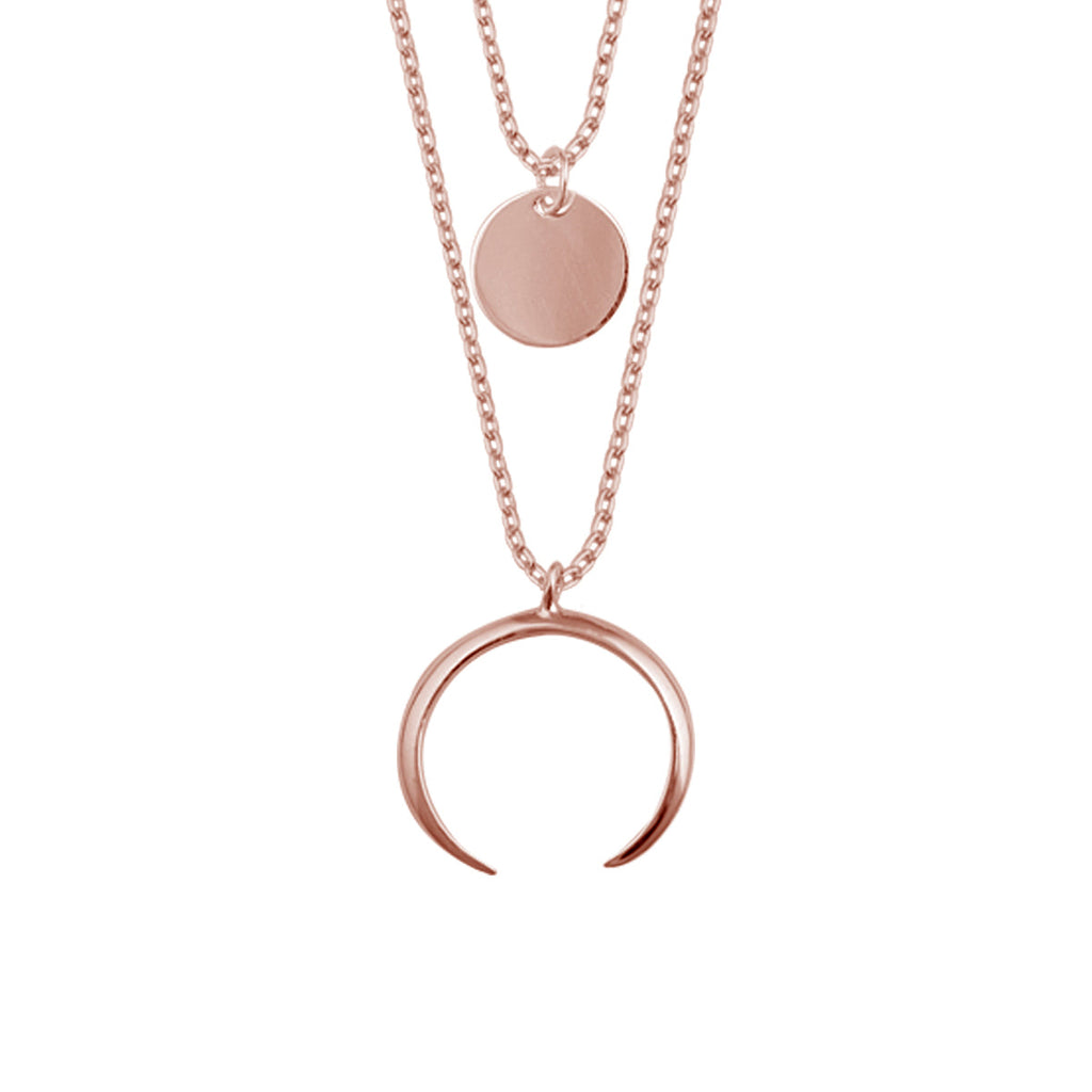 Collier avec pendentif croissant de lune en argent sterling plaqué or rose et double couche