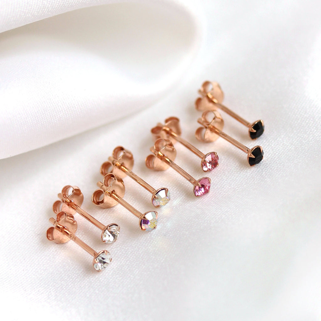 Boucles d'oreilles à tige en argent sterling plaqué or rose et cristal CZ de 3 mm