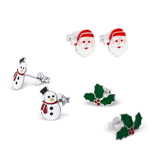 Lot de 3 boucles d'oreilles à tige de Noël en argent sterling