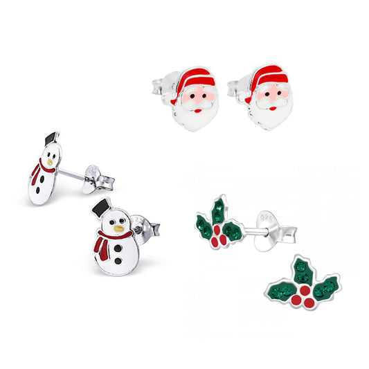 Lot de 3 boucles d'oreilles à tige de Noël en argent sterling