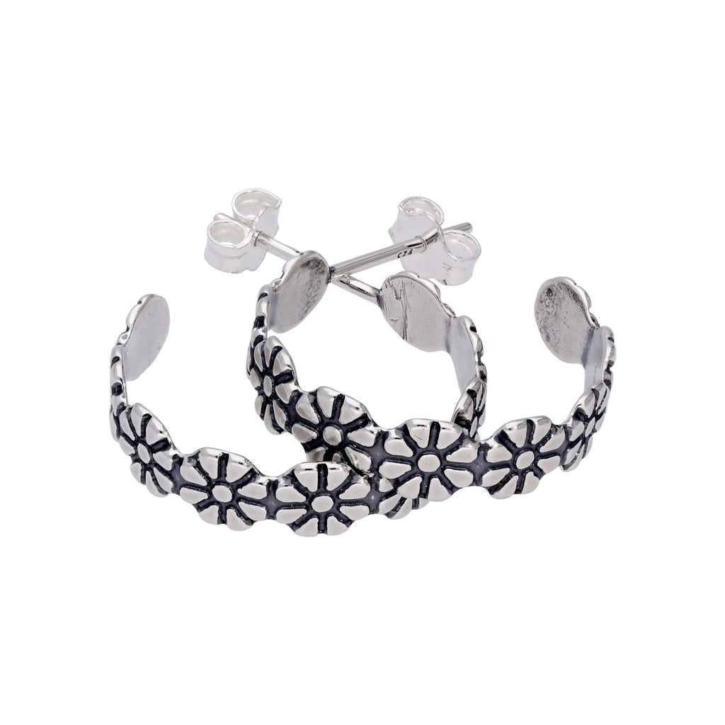 Boucles d'oreilles créoles ouvertes en argent sterling oxydé en forme de marguerite