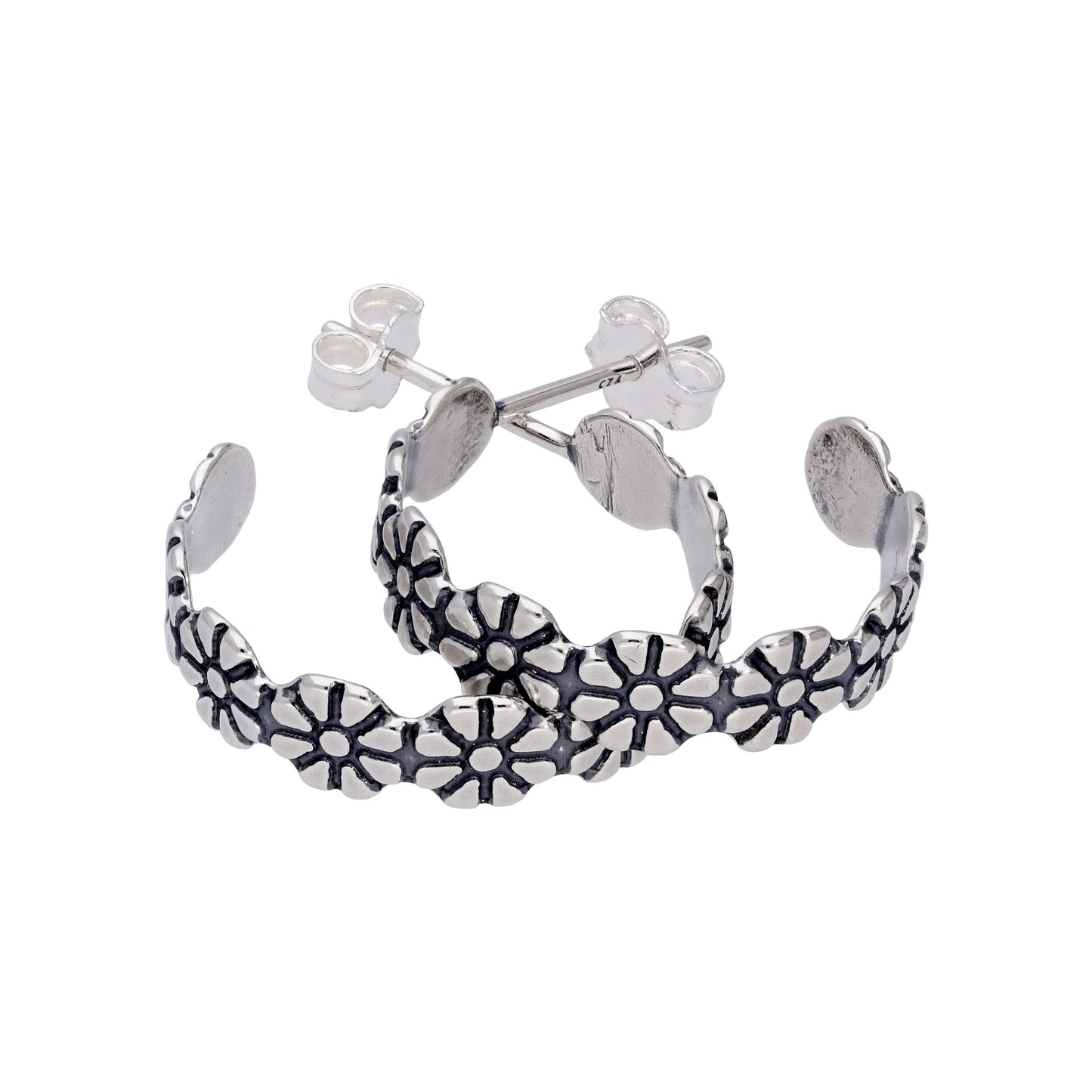 Boucles d'oreilles créoles ouvertes en argent sterling oxydé en forme de marguerite