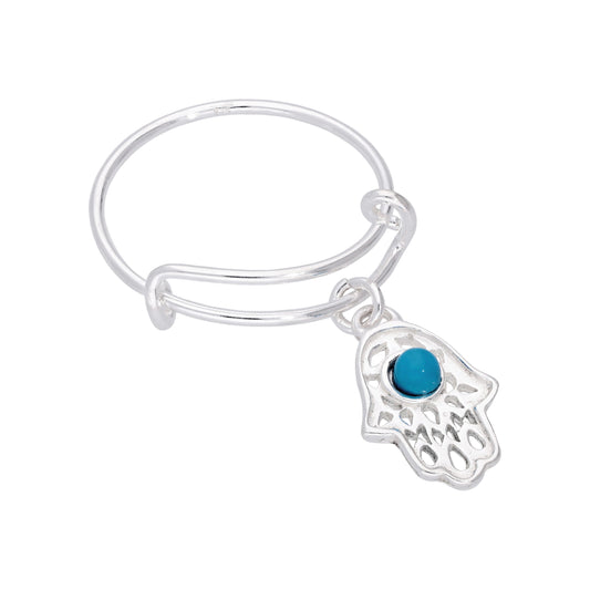 Bague réglable en argent sterling avec perle bleue en forme de main de Fatima