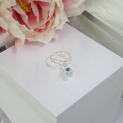 Bague réglable en argent sterling avec perle bleue en forme de main de Fatima