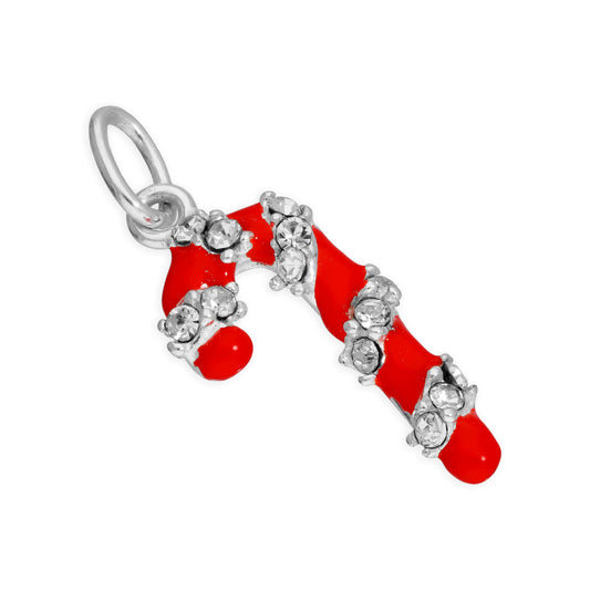 Breloque en argent sterling en forme de canne à sucre avec zircone cubique transparent et émail rouge