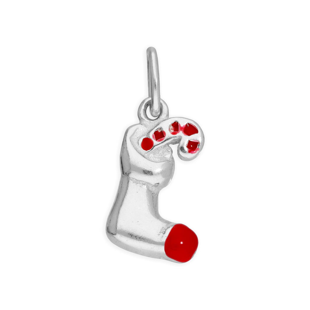 Breloque en argent sterling en forme de chaussette de Noël et de canne à sucre