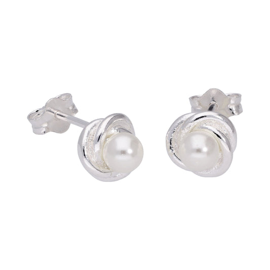 Boucles d'oreilles à tige en argent sterling avec nœud et perles synthétiques blanches