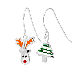 Boucles d'oreilles pendantes en argent sterling avec motif renne au nez rouge et sapin de Noël