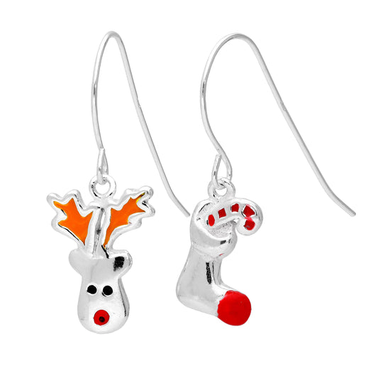 Boucles d'oreilles pendantes en argent sterling avec motif renne au nez rouge et bas de Noël