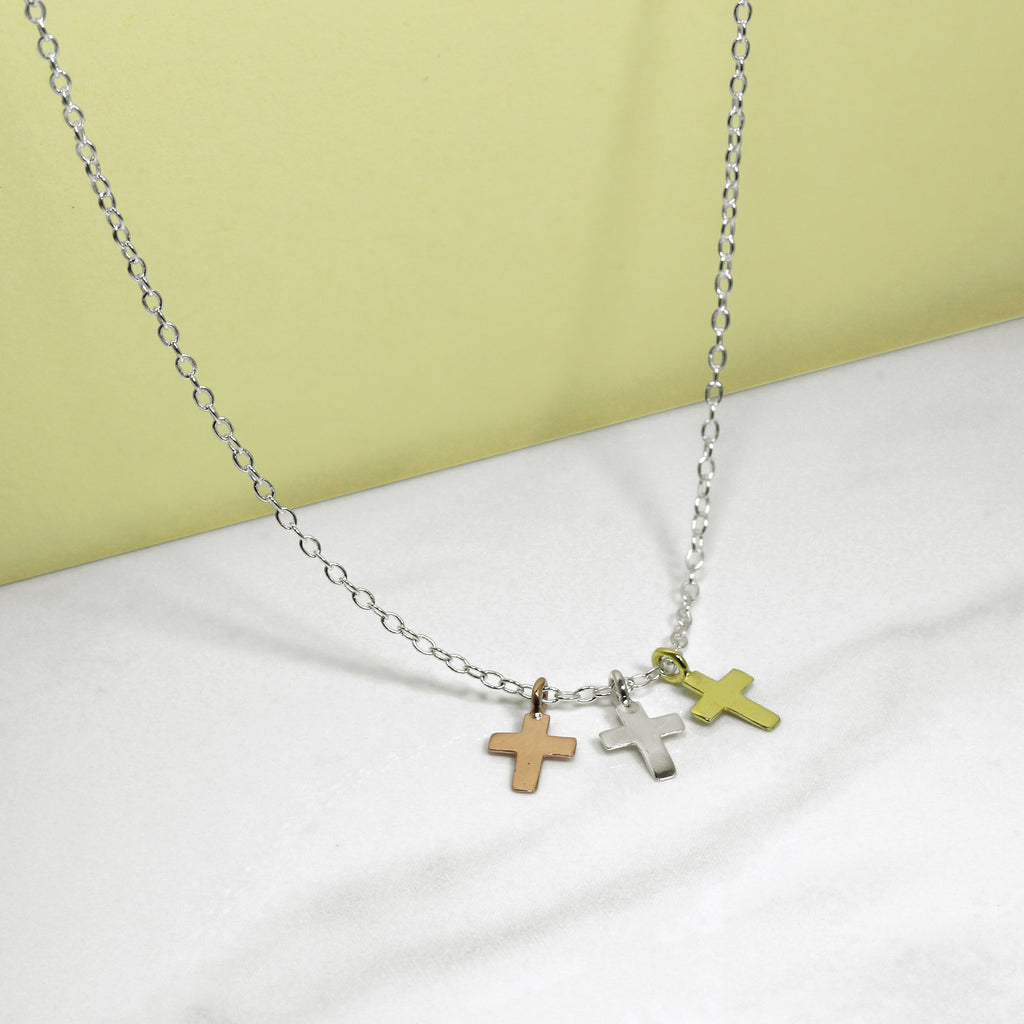 Collier pendentif triple croix en argent sterling plaqué or mixte