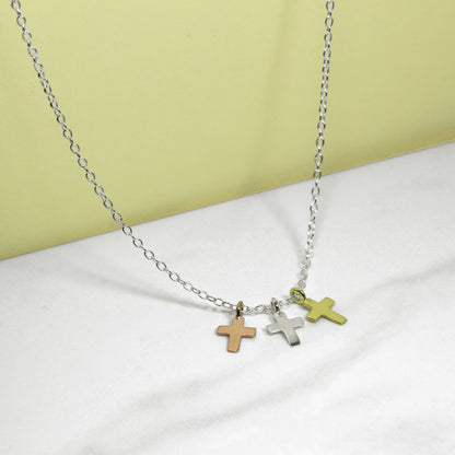 Collier pendentif triple croix en argent sterling plaqué or mixte