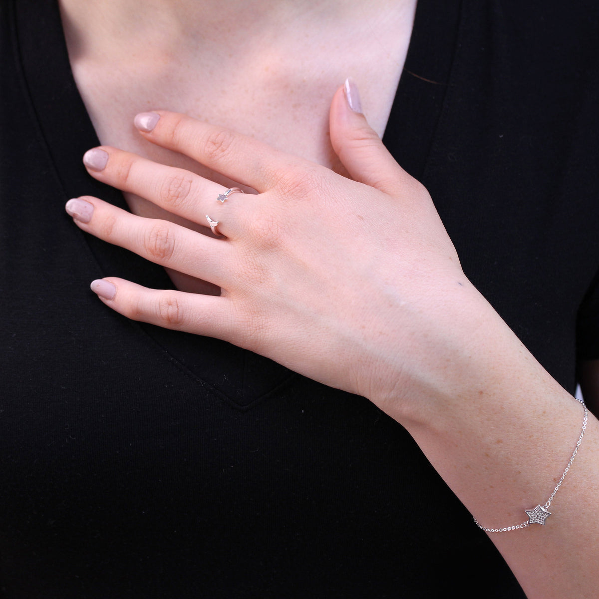 Bague réglable ouverte en argent sterling avec lune et étoile