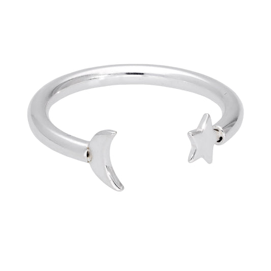 Bague réglable ouverte en argent sterling avec lune et étoile