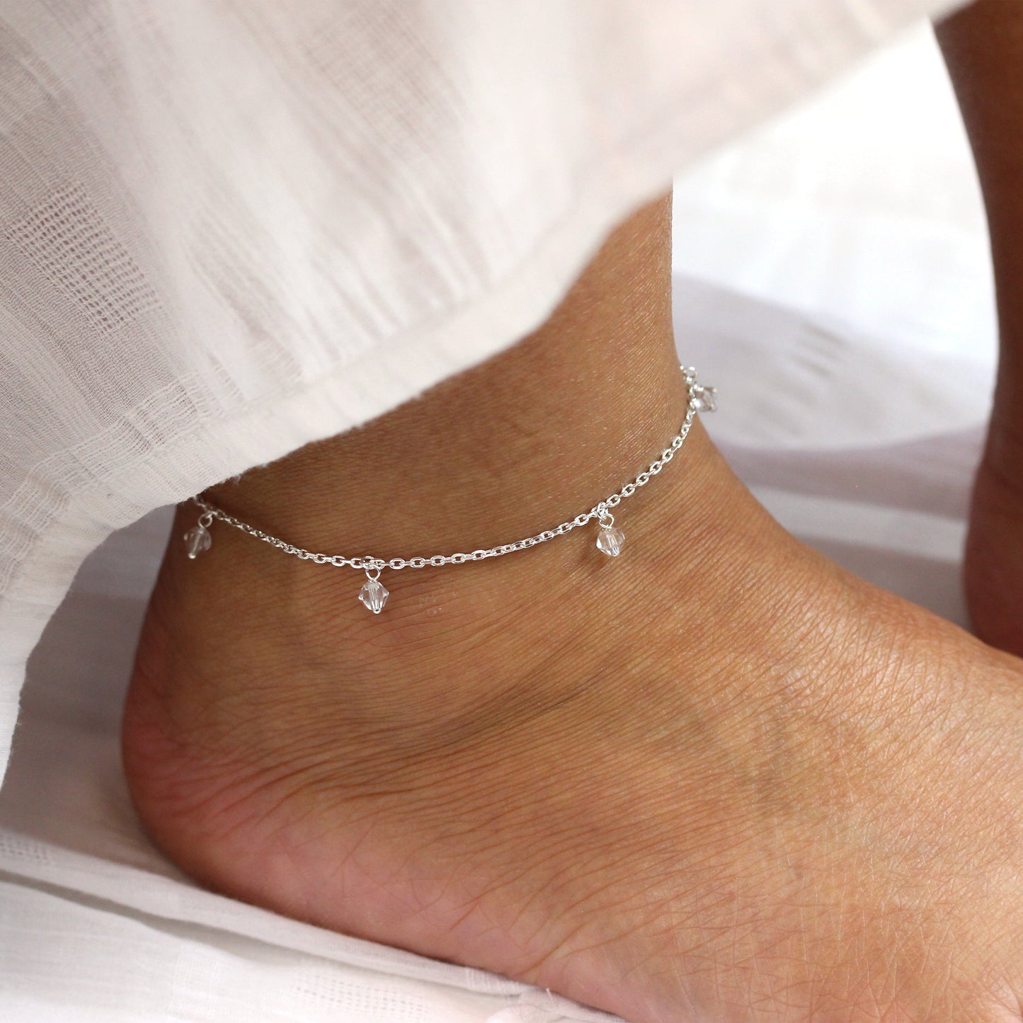 Bracelet de cheville réglable en argent sterling avec pendentif en cristal transparent