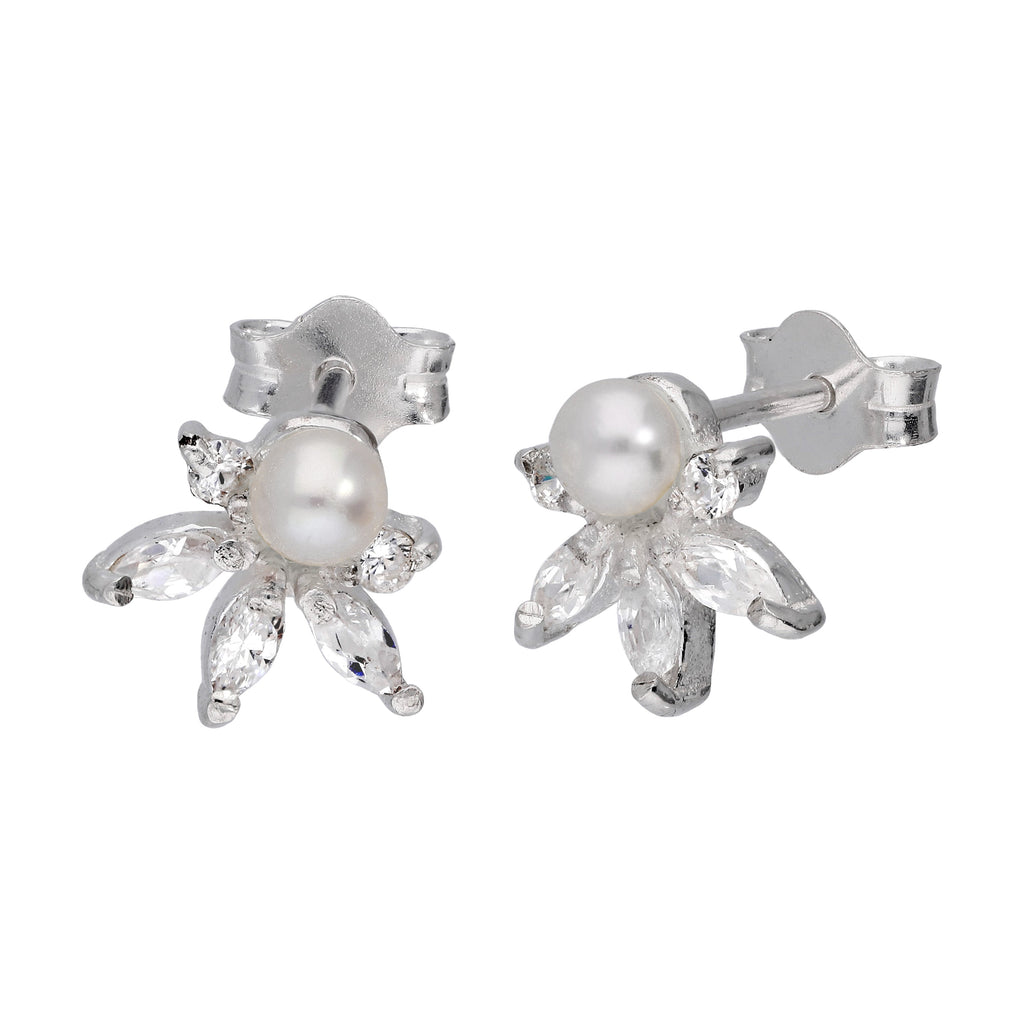 Boucles d'oreilles à tige en argent sterling avec perles synthétiques et zircones cubiques transparents