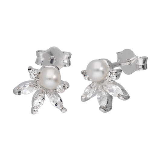 Boucles d'oreilles à tige en argent sterling avec perles synthétiques et zircones cubiques transparents