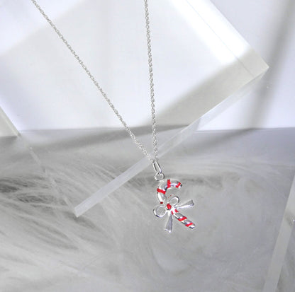 Collier en argent sterling avec nœud en forme de canne à sucre et émail rouge - 14 à 24 pouces