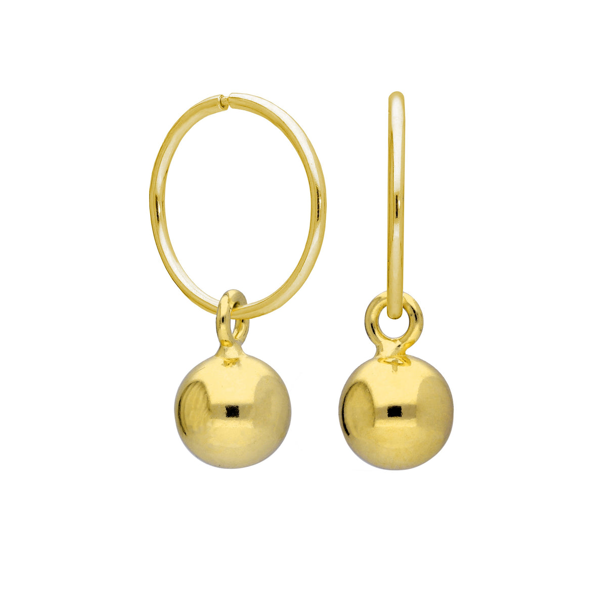 Boucles d'oreilles créoles en argent sterling plaqué or avec breloque boule de 12 mm