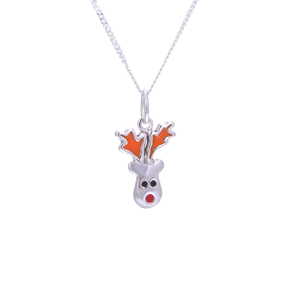 Collier de Noël en argent sterling avec renne au nez rouge et émail