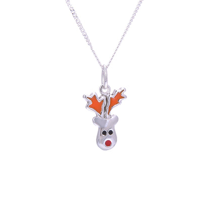 Collier de Noël en argent sterling avec renne au nez rouge et émail