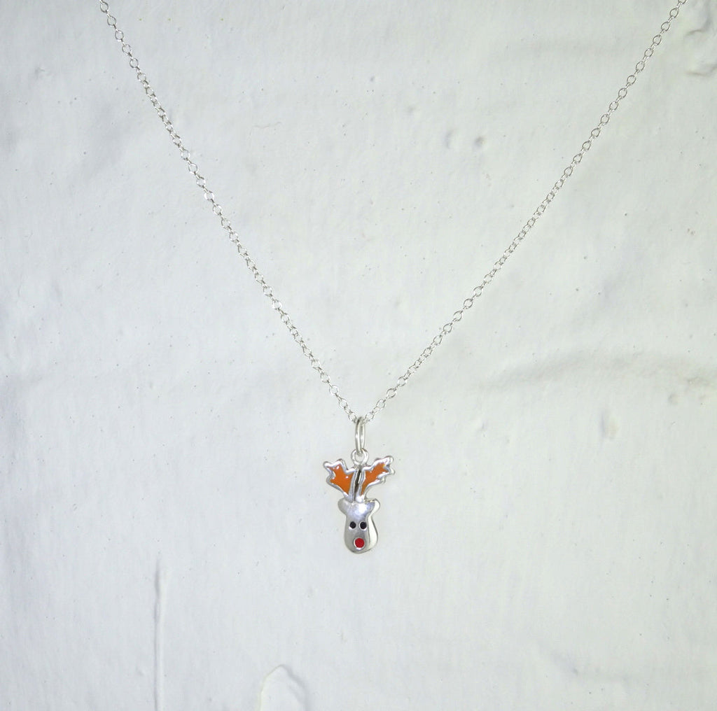 Collier de Noël en argent sterling avec renne au nez rouge et émail