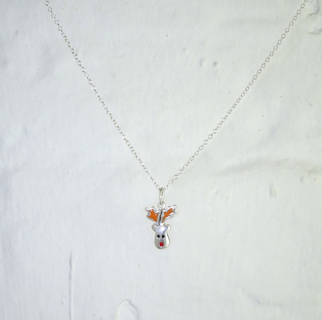 Collier de Noël en argent sterling avec renne au nez rouge et émail