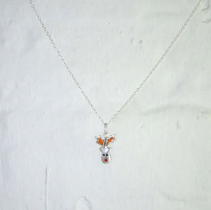 Collier de Noël en argent sterling avec renne au nez rouge et émail