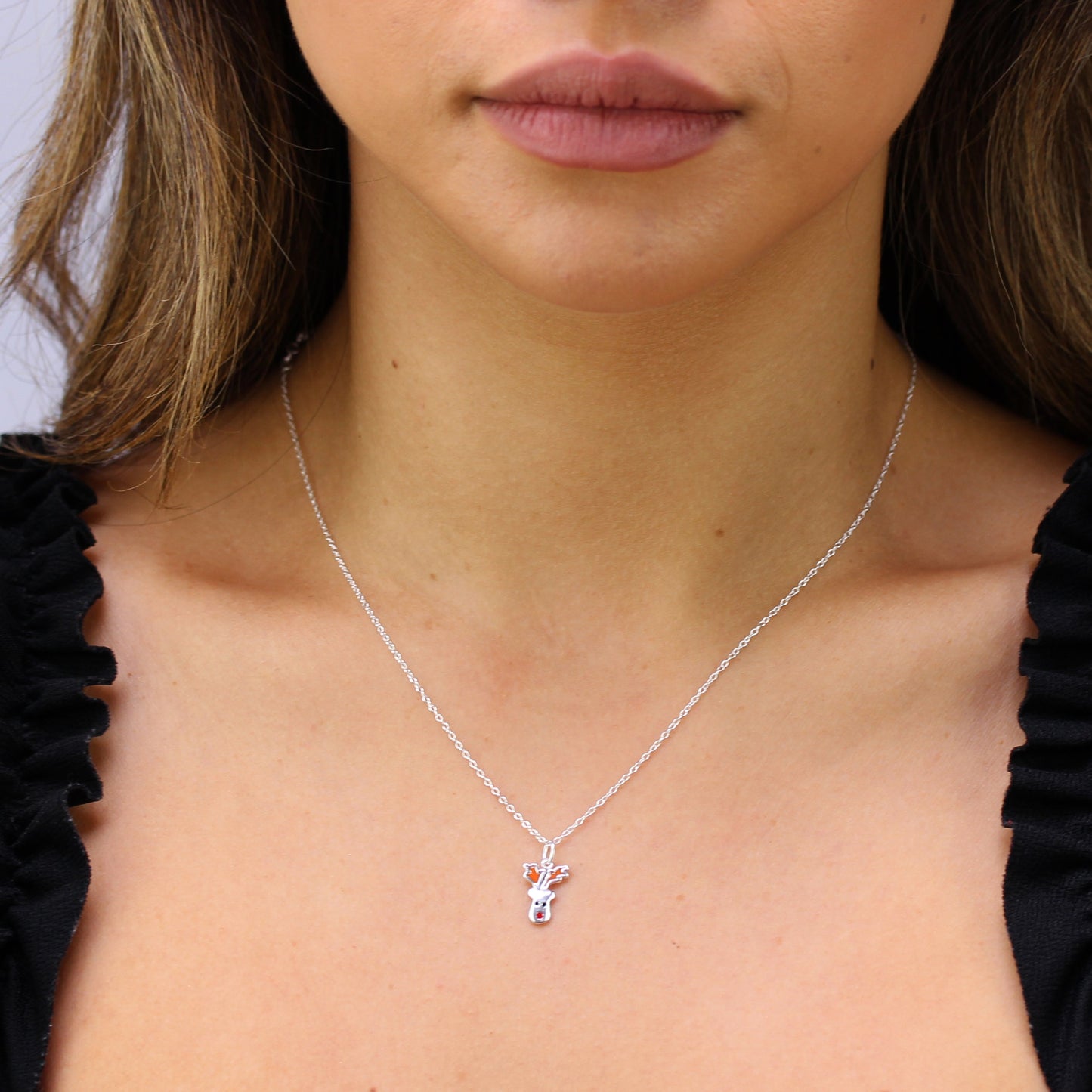 Collier de Noël en argent sterling avec renne au nez rouge et émail