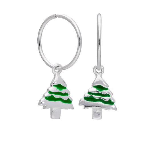 Boucles d'oreilles créoles en argent sterling avec breloque sapin de Noël de 12 mm
