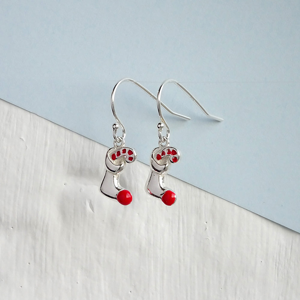 Boucles d'oreilles en argent sterling avec breloques en forme de chaussette et de canne à sucre