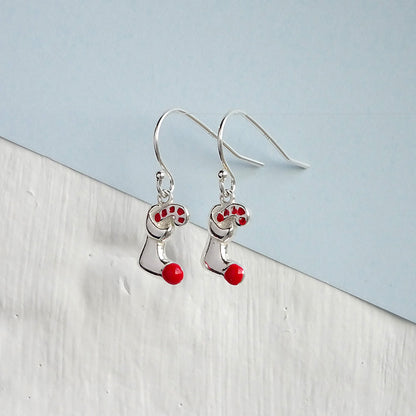 Boucles d'oreilles en argent sterling avec breloques en forme de chaussette et de canne à sucre