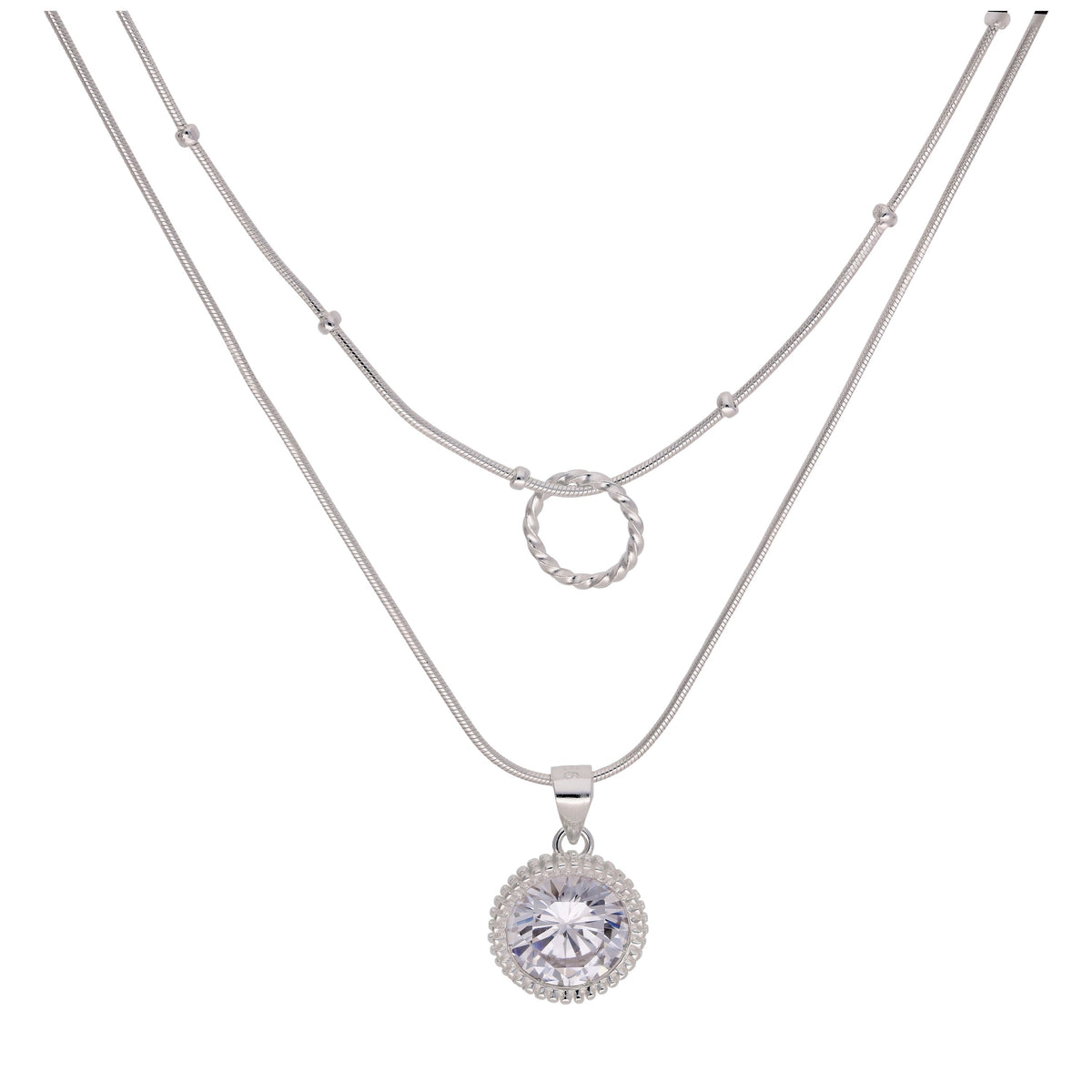 Collier en argent sterling avec double couche de zircons cubiques et anneau torsadé