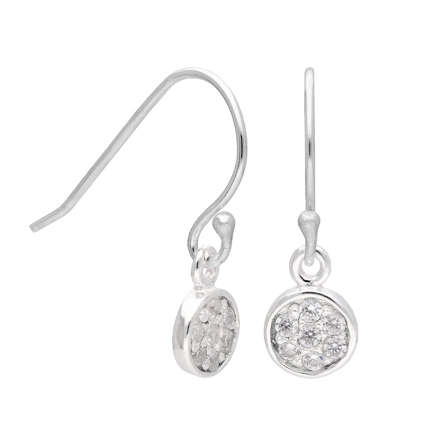 Petites boucles d'oreilles pendantes rondes en argent sterling incrustées de cristaux CZ en forme de hameçon