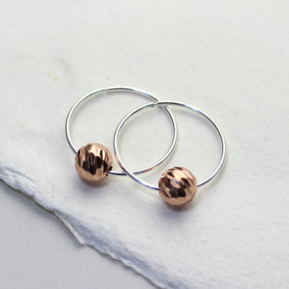 Boucles d'oreilles créoles en argent sterling de 18 mm avec perles boules taille diamant plaquées or rose