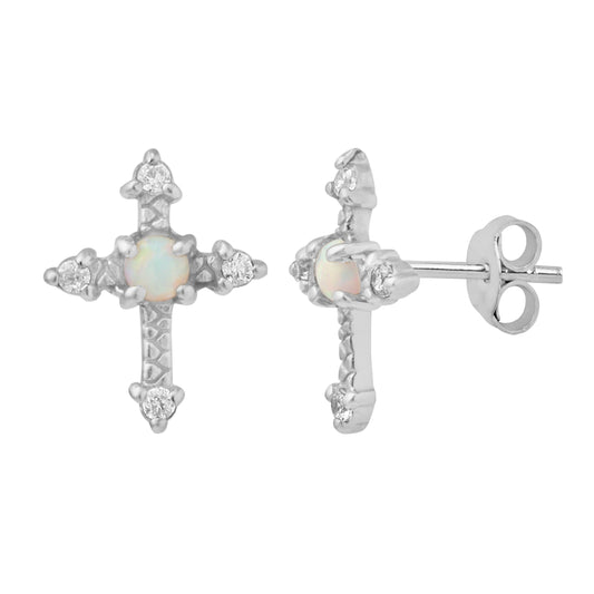 Boucles d'oreilles à tige en argent sterling avec croix et oxyde de zirconium en fausse opale