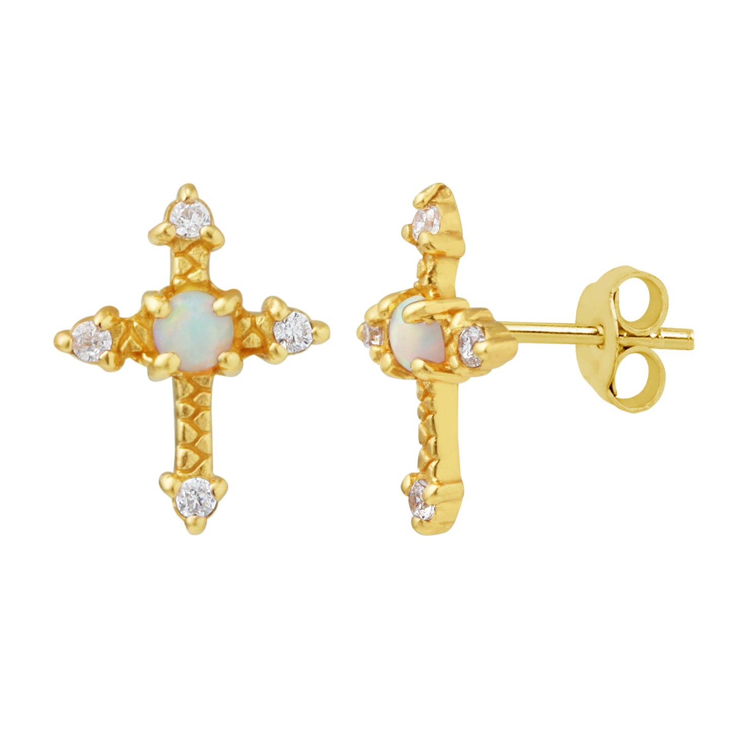 Boucles d'oreilles à tige en argent sterling plaqué or avec croix et fausse opale CZ