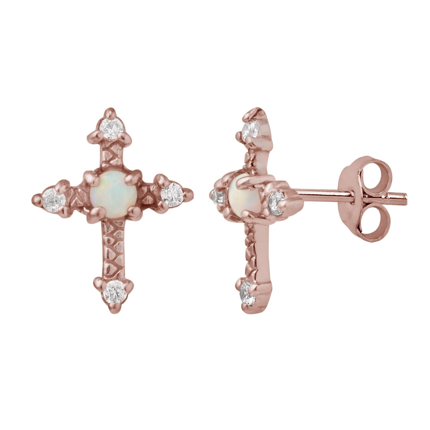 Boucles d'oreilles à tige en argent sterling plaqué or rose avec croix et fausse opale CZ
