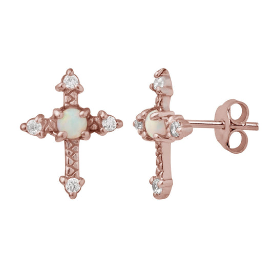 Boucles d'oreilles à tige en argent sterling plaqué or rose avec croix et fausse opale CZ