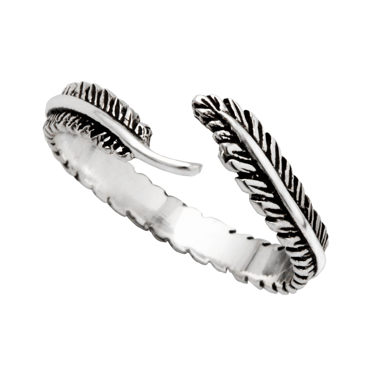 Bague réglable ouverte en argent sterling avec plume