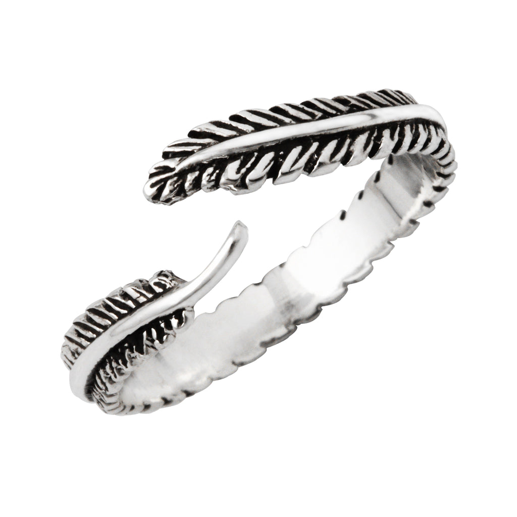Bague réglable ouverte en argent sterling avec plume